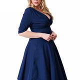 Women Plus Size MIDI Dressesv Collar Mid-Sleeve Large Swing Dress