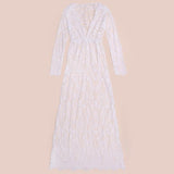 See Through Wedding Dress White Sexy Deep V-neck Long Sleeve See-Through Tight Long Dress Lace
