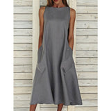 Work Dresses with Pockets round Neck Sleeveless Double Pocket Dress