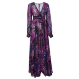 Nina Parker Dresses Lantern Sleeve Green Leaves Printed Dress Thickened