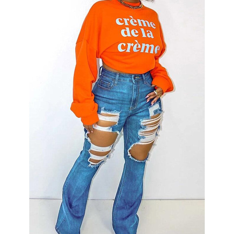 Women Distressed Denim Jeans Ripped Jean Ripped Jeans Bell-Bottom Pants Women