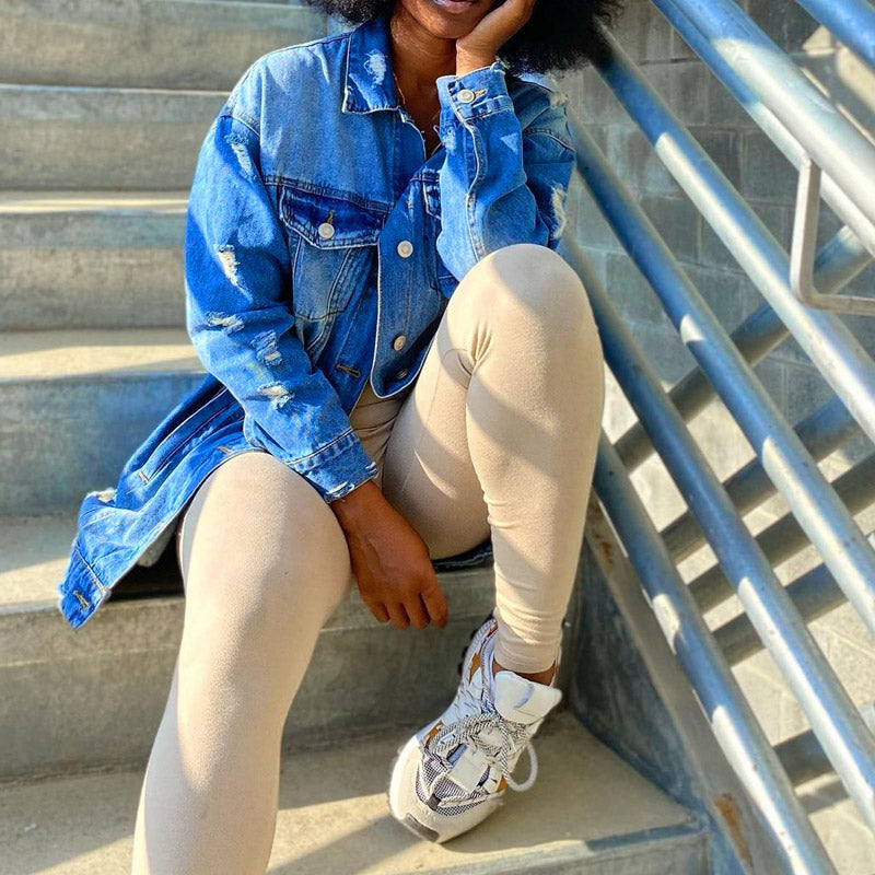 Women Denim Jacket Ripped Denim Coat Denim Trench Coat for Women