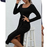 Work Dresses for Girls Autumn and Winter Women's Long Sleeve round Neck Slit Belt Slim Fit Mid-Length Dress