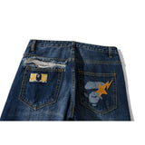 Shark Print Pant Men's Casual Shark Meteor Lightning Washed Ripped Jeans