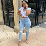 Women Distressed Denim Jeans Ripped Jean Light Color Stretch Jeans Skinny Pants Women