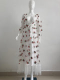 Pink Long Sleeve Strawberry Dress Cottagecore Aesthetic Fairycore Dress Princess Gown Midi Dress Prom Dress