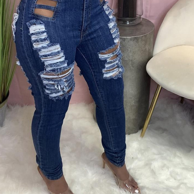 Women Distressed Denim Jeans Ripped Jean Worn Stretch Ripped Jeans Women's Trousers