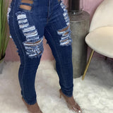 Women Distressed Denim Jeans Ripped Jean Worn Stretch Ripped Jeans Women's Trousers
