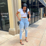 Women Distressed Denim Jeans Ripped Jean Light Color Stretch Jeans Skinny Pants Women