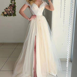 Women Lace Wedding Dress V-neck Slit Wedding Dress Lace Long Dress
