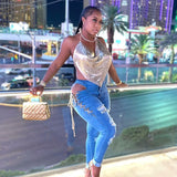 Women Distressed Denim Jeans Ripped Jean Side Strap Midriff Outfit Stretch Jeans Skinny Pants Women