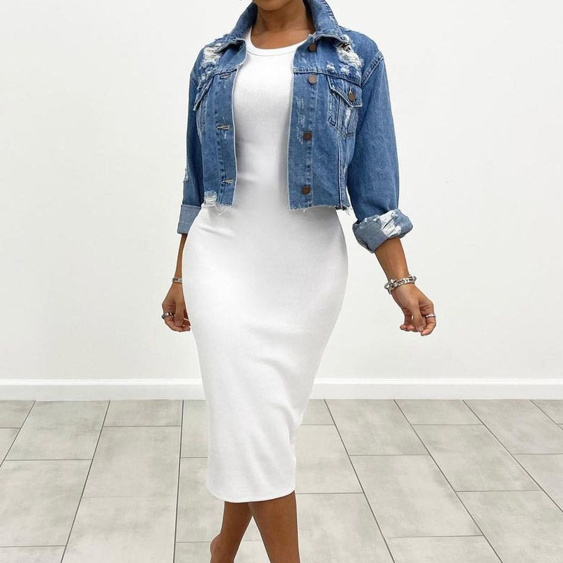 Women Denim Jacket Leisure Ripped Denim Jacket Women's Slim Fit