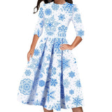 Work Dresses for Teachers Christmas Slimming Printed round Neck 3/4 Sleeves Large Swing Dress
