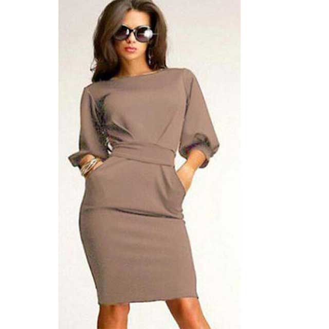 Women Plus Size Midi Dresses Round Neck Simple Solid Color Three-Quarter Length Sleeve Belt Sheath Knee-Length Dress