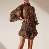 Mariah Carey Dress Stand-up Collar Puff Sleeve Leopard Print Mini Dress Waist Dress