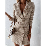 Work Dresses for Girls Autumn and Winter Women's Plaid Belt Double Breasted Business Suit and Dress