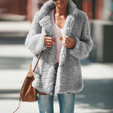 Women Sherpa Jacket Autumn and Winter Plush Coat Polo Collar Solid Color Long Sleeve Coat Cardigan