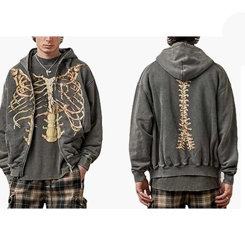 Present Hoodie Skeleton Print Zipper Hooded Sweatshirt Vintage