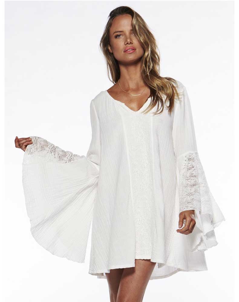 Women Plus Size Mini Dresses V-neck Loose Bell Sleeve Lace Stitching Dress