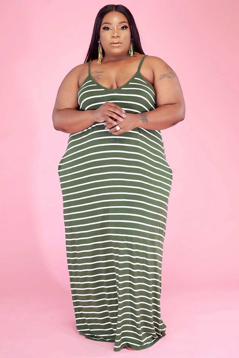 Women Plus Size Maxi Dresses Sexy V-neck Suspender Stripes Printed Pocket Dress
