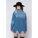 Women Denim Jacket Fashion Holes Mid-Length Denim Jacket