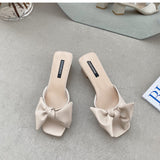 Nude Pumps Block Heel Bowknot Chunky Heel Vintage Slippers