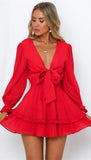 Dakota Johnson Red Mini Dress V-neck Long Sleeve Lace-up