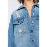 Women Denim Jacket Fashion Holes Mid-Length Denim Jacket