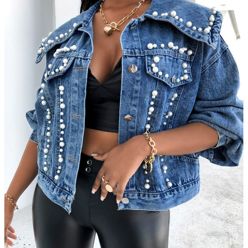 Women Denim Jacket Loose Denim Jacket Beaded Coat for Women