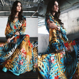 Nina Parker Dresses Lantern Sleeve Green Leaves Printed Dress Thickened
