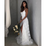 See through Wedding Dress Women's Dress Sexy V-neck Strap Lace Dress