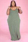 Women Plus Size Maxi Dresses Sexy V-neck Suspender Stripes Printed Pocket Dress