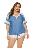 Women Plus Size Tops Loose Stitching Denim Short Sleeve Top for Women