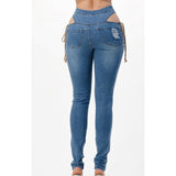 Women Distressed Denim Jeans Ripped Jean Side Strap Midriff Outfit Stretch Jeans Skinny Pants Women
