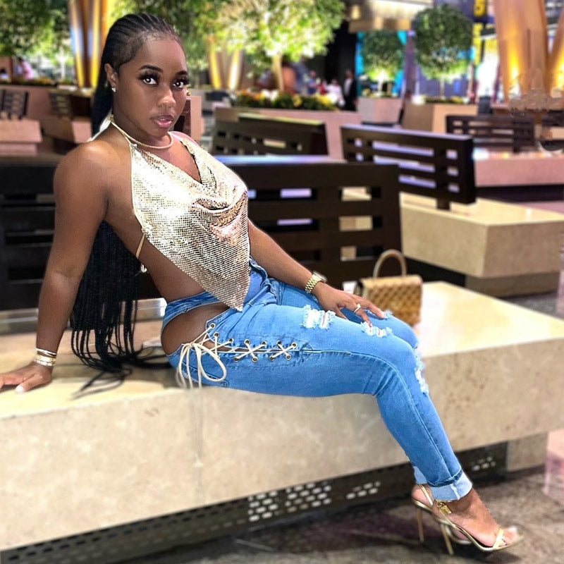 Women Distressed Denim Jeans Ripped Jean Side Strap Midriff Outfit Stretch Jeans Skinny Pants Women