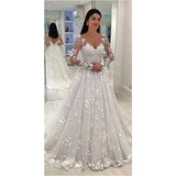 Women Lace Wedding Dress Lace Deep V Long Sleeve Formal Dress