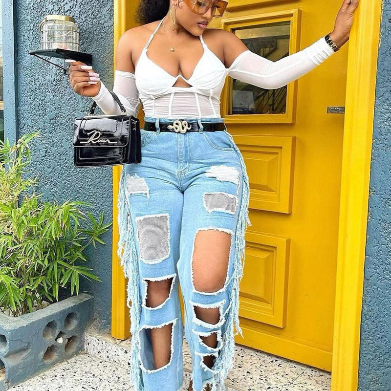 Women Distressed Denim Jeans Ripped Jean Loose Hole Jeans Wide Leg Pants