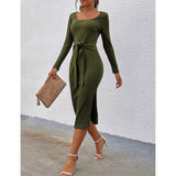 Work Dresses for Girls Autumn and Winter Women's Long Sleeve round Neck Slit Belt Slim Fit Mid-Length Dress