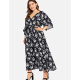 Women Plus Size Maxi Dressesv Collar Backless Short Sleeve Printed Elastic Waist Dress