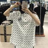 Yankees Spring and Summer Couple Full Printed Embroidery Lapel Short Sleeve Polo Shirt T-shirt