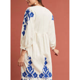 Women Dresses V-neck Embroidered Flower Lantern Sleeve Fashion Dress