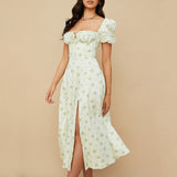 Women Summer Dresses Midi Dress Puff Sleeve Floral Tie-Neck High Slit Long Dress