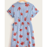 Women Plus Size Midi Dresses Printed Pleated Short Sleeve Slim Dress