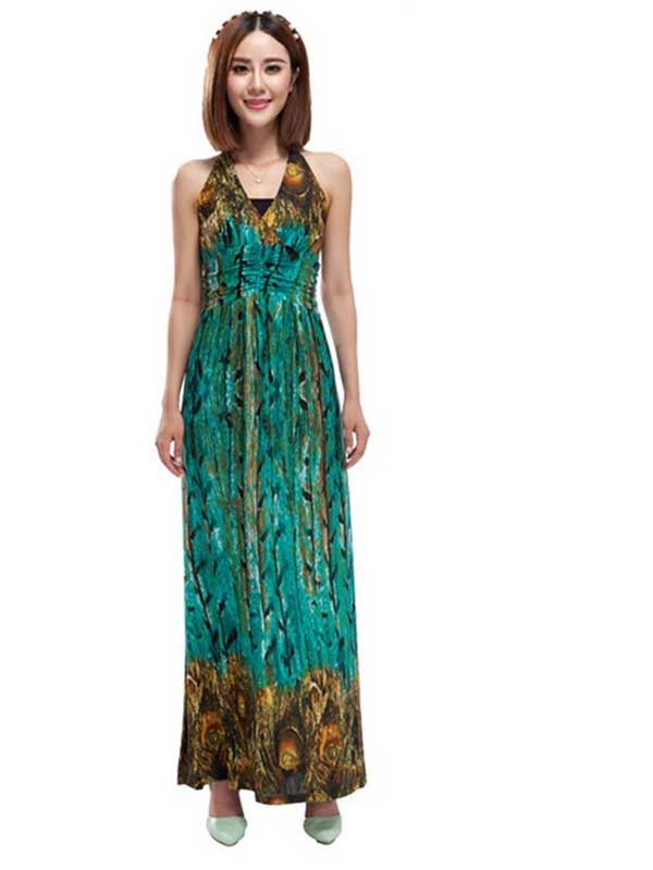 Women Plus Size Maxi Dresses V-neck Backless Bohemian Dress