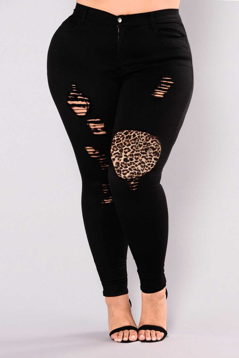 Women Plus Size Jeans Slim Fit Ripped Ankle-Tied Jeans