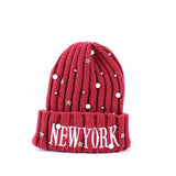 Yankee Winter Hat Hat Letter Pearl Embroidered Knitted Woolen Cap