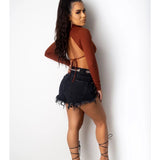 Women Denim Shorts Black Worn Jeans Women Chain Belt