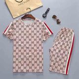 Men's Athletic Tracksui Summer Printed Casual Suit round Neck Short Pants Two-Pieces