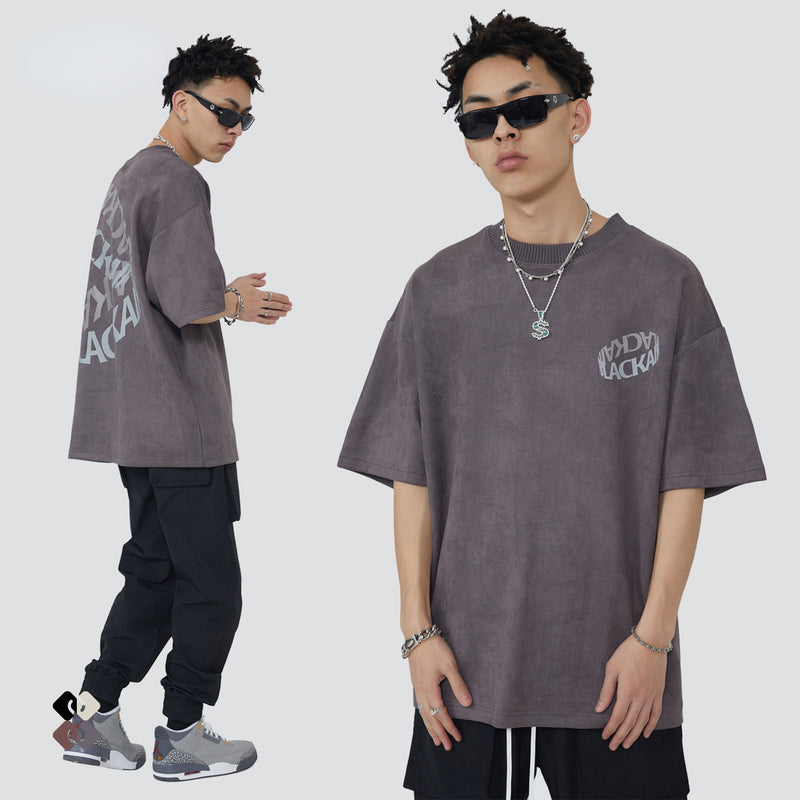 Blackair T Shirt Blackair Spring/Summer New Short Sleeve Men's American Retro Street Loose Bottoming Shirt Printed Suede Short Sleeve