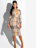 Printed Zip Belt Sexy Plaid Bodycon Dress